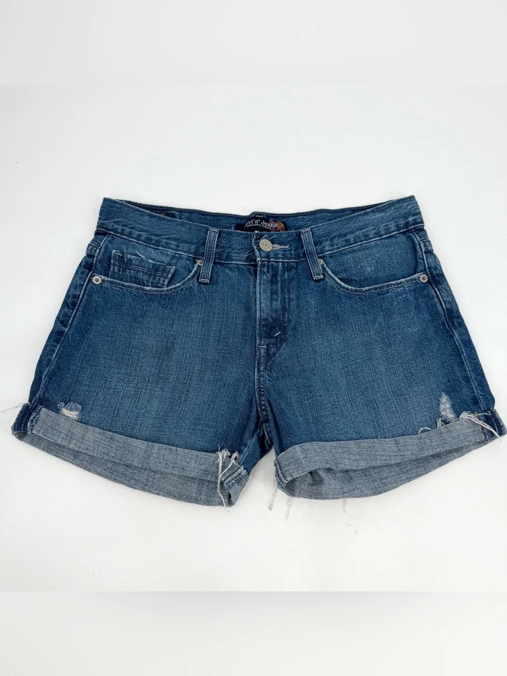 Levi’s Jean Shorts Juniors 3 Blue Denim Roll Cuff Distressed Cotton Denim Boho